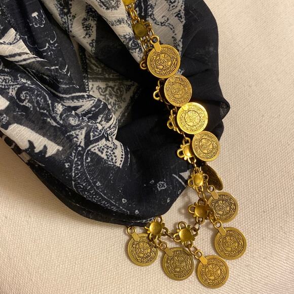 Womens Metal Coin Neck Scarf Gypsy Blue Floral Paisley Cosplay Pirate Esmerelda - Picture 5 of 6